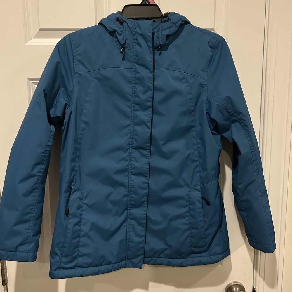 LL Bean Winter Warmer Jacket Womens M Reg Teal Blue Hooded Fleece Lined 271136
